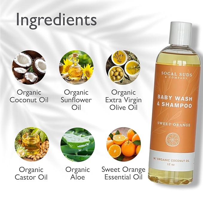 SoCal Suds & Company Organic Baby Shampoo and Body Wash - 2-in-1 Castile Soap, Hypoallergenic, Sensitive Skin, Natural Soap, Toddler Shampoo, Infant, Newborn, Kids Body Wash - 12oz Sweet Orange