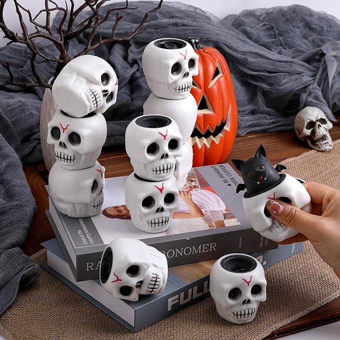 Tlswshsy 12 Pcs Halloween Skull Squishy Toy, Stretchy Skull Relieve Stress Fidget Toys, Squeeze Sensory Ghost Toys for Halloween Party Decoration Trick or Treat Office Toy