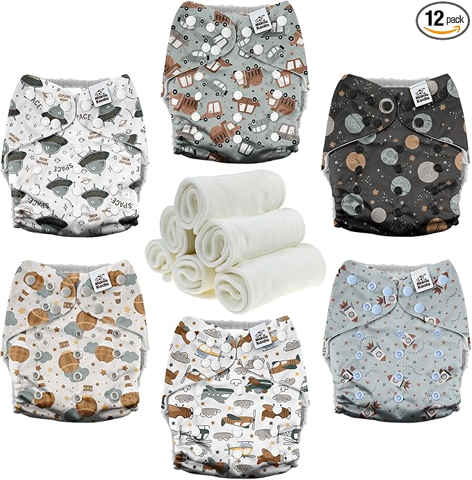 Mama Koala 3.0 Cloth Diapers for Babies with AWJ Lining, 6 Pack with 6 Natural Cloth Diaper Inserts - Reusable and Washable Pocket Diapers (Space Ranger)
