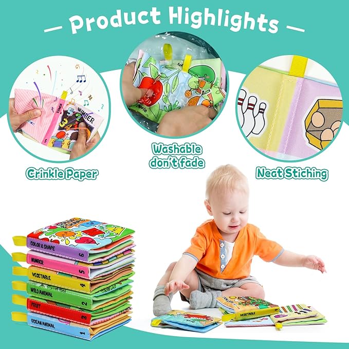 OKOOKO Soft Baby Books 6PCS Soft Cloth Books Bath Books Crinkle Washable Non-Toxic Early Education Preschool Learning Toy for Newborns Babies Infants Toddlers Kids