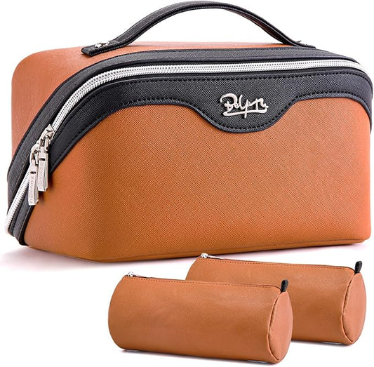 BOYATU Travel Makeup Bag Organizer Cosmetic Bag: 3 Pcs Set Make up Bags for Women with Handle - Waterproof Vegan Leather Toiletry Bags Travel Essentials Pouch with Compartments (A-07-Orange)