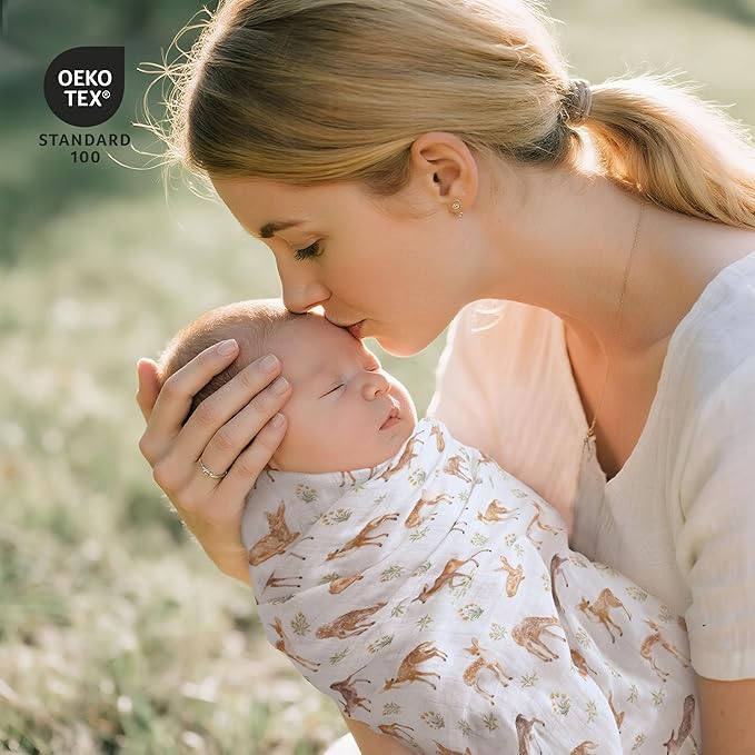 GLLQUEN BABY Muslin Swaddle Blankets Breathable Receiving Blankets (35" x 40") 2-Pack Soft Baby Blankets for Girls and Boys Newborn Essentials Muslin Burp Cloths Swaddle Wrap Baby Gift(Deerling)