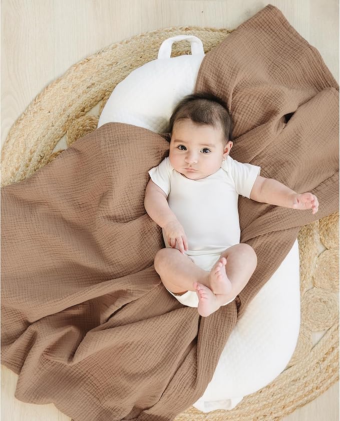Konssy Muslin Swaddle Blankets for Boys Girls, 2 Pack Receiving Baby Blanket Large 47 x 47 inches, Soft Breathable Swaddling Wrap for Unisex Newborn (Brown, Cream)