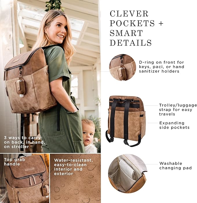 Petunia Pickle Bottom Tempo Backpack, Designed for Busy Families, Attaches to Stroller or Suitcase, Spacious Main Compartment, Brioche