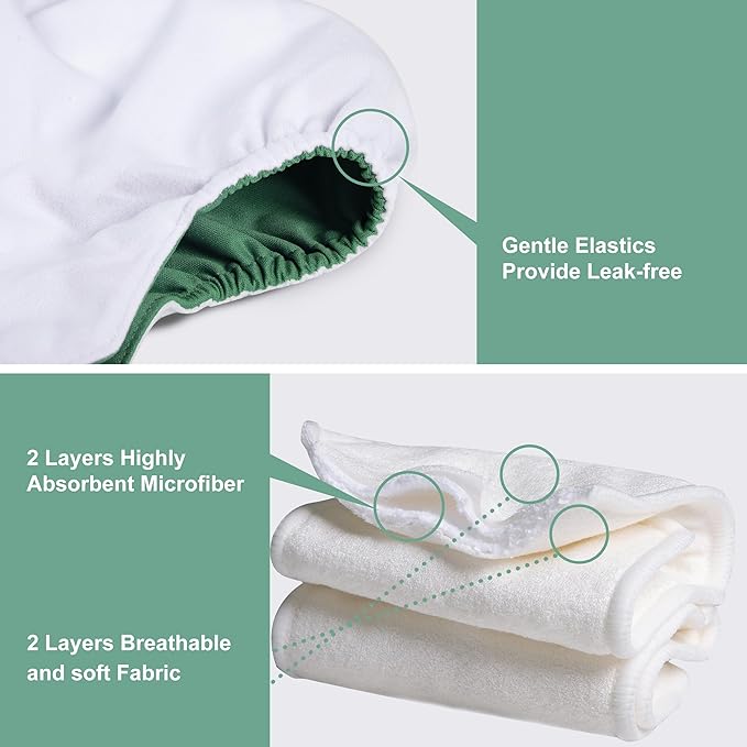 wegreeco Cloth Diapers 6 Pack with 6 Inserts & 1 Wet Bag, Washable Cloth Diapers for Babies, One Size Adjustable Reusable (Green)