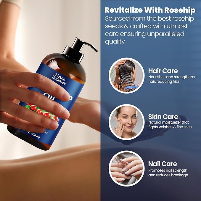 Rosehip Oil for Face 8 fl oz - Rosehip Seed Oil for Gua Sha, Massage, and Skin Care - Aceite de Rosa Mosqueta - Nexon Botanics