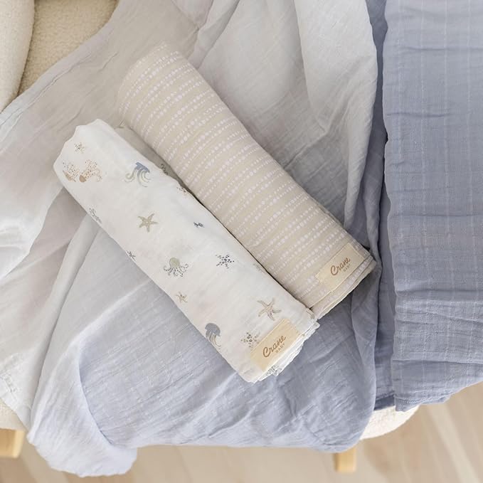 Crane Baby Blanket, 100% Cotton Muslin, Set of 3, 47 X 47, Nautical Ocean Muslin Blanket Sea Life Bohemian
