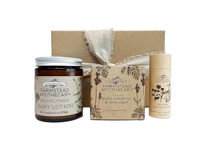Farmstead Apothecary Organic Baby Care Gift Set – Plant-Based Baby Shampoo, Lotion & Diaper Stick – Plastic-Free, Cruelty-Free, Vegan – Newborn Essentials for Sensitive Skin