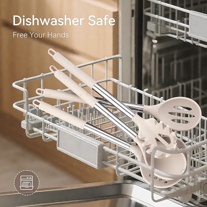 Kitchen Utensils Set, NCUE 28 Pcs Silicone Cooking Utensils Set with Holder, Spatula Set, Silicone Whisk, Scissors, Measuring Cups and Spoons Set with Stainless Steel Handle Kitchen Gadgets (Khaki)