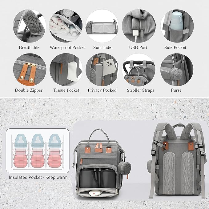 Baby Diaper Bag with Changing Station, Waterproof Diaper Bag Backpack for Mom/Dad, Baby Shower Gifts, w/USB Charging Port, Insulated Bottle Holders & Pacifier Case, XL Storage Backpack, Grey