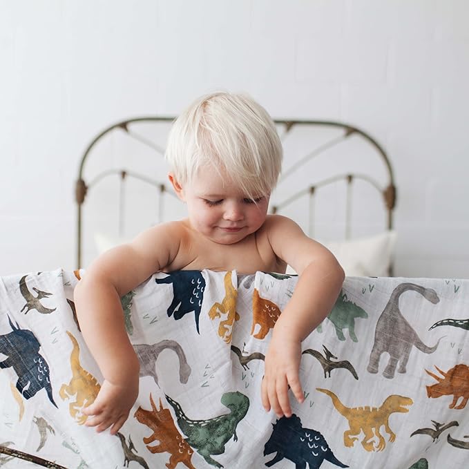 Little Unicorn Premium Cotton Swaddle Baby Blanket | Breathable Fabric | for swaddling, Play, Nursing & More (Dino Friends)