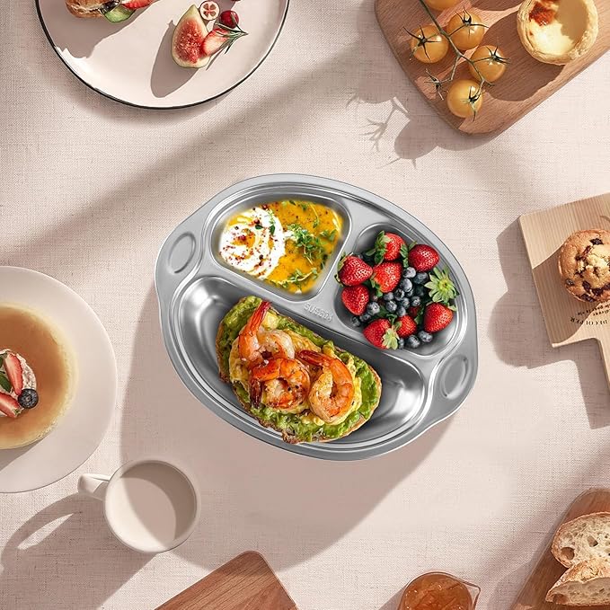 Stainless Steel Baby Suction Plates: Divided Plates for Babies and Toddlers, Made of 100% Food-Grade Materials Ideal for Baby-Led Weaning BPA-Free Toddler Feeding Dishwasher Safe Green