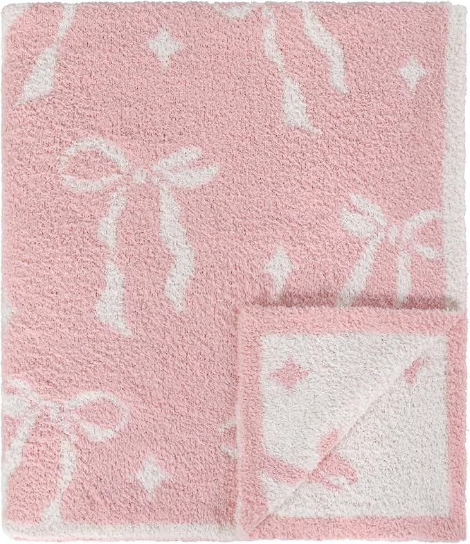 Pink Bow Baby Blanket – Cozy Knitted Bow Throw for Baby Girls, Nursery Décor, & Newborn Gifts – Ultra-Soft, 30x40 Inch