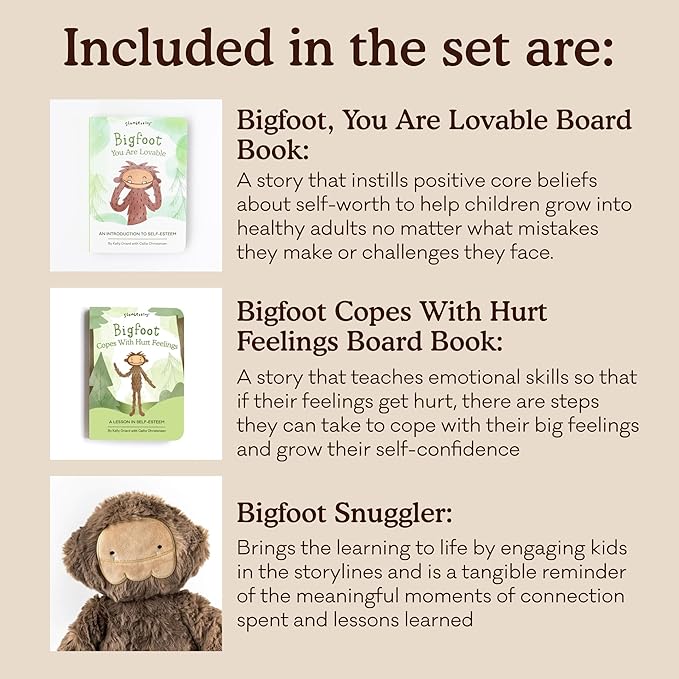 Slumberkins Bigfoot Snuggler & 2 Board Books Complete Set Bundle | Soft Plush Toy for Ages 0+ | Enhances Self-Esteem & Positive Relationships (Bigfoot Snuggler Plush + 2 Board Books)