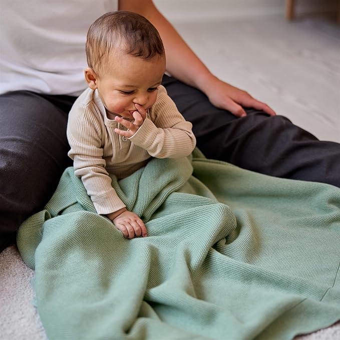 Knitted Organic Cotton Baby Blanket- Swaddle Blanket, 30" x 40" Soft Receiving Blanket for Newborn (Roman Green)