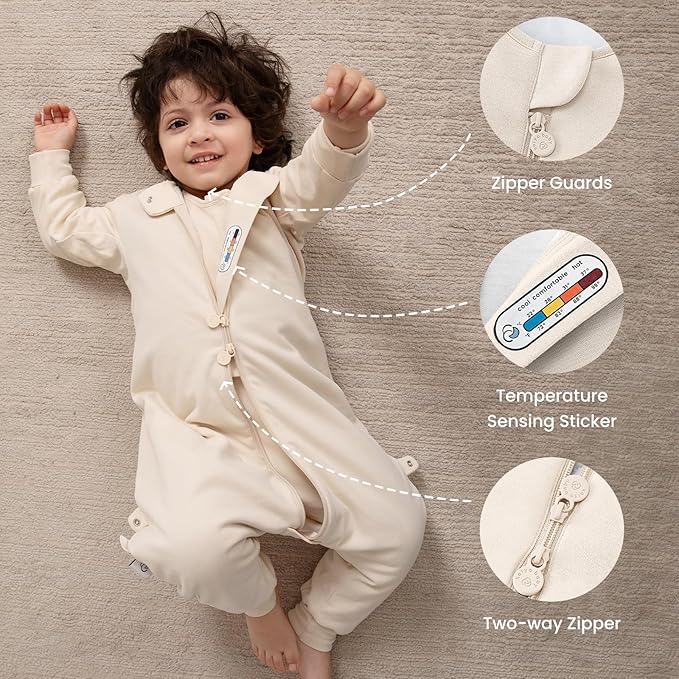 kaiya baby Unisex Toddler Sleep Sack with Feet 1.0 Tog Split Legs Sleep Sack 3T-4T, Sleep Bag Walker, Gifts for Boys & Girls, Cream