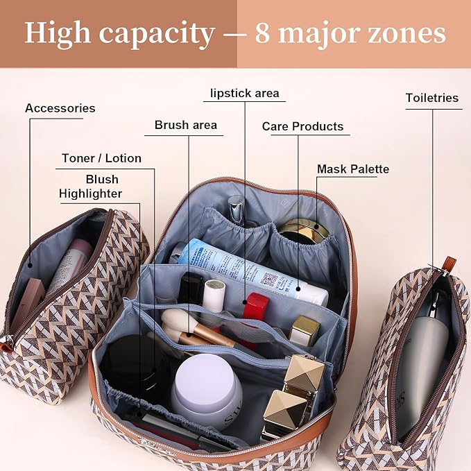 BOYATU Travel Makeup Bags for Women: Large Capacity Cosmetic Bag Set of 3 - Vegan Leather Make up Bags with Compartments - Wide Open Waterproof Toiletry Organizer Bag with Handle (B-05-Brown)