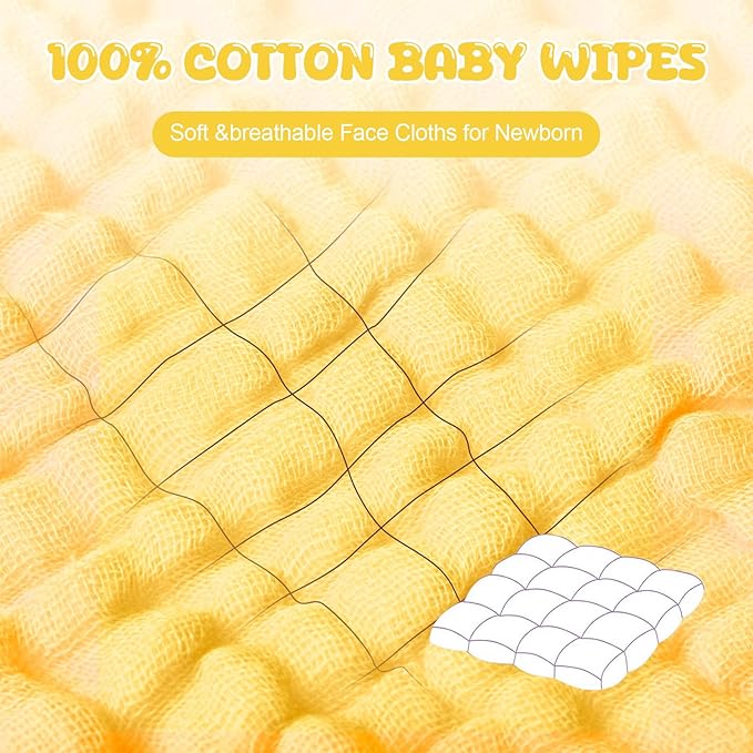 Breling 20 Pcs Baby Muslin Washcloth 12 x 12 Inch 100% Cotton Soft and Absorbent Muslin Washcloth Burp Cloth Wipe Newborn Face Towel for Baby Boy Girl Sensitive Skin(White, Light Yellow, Yellow)