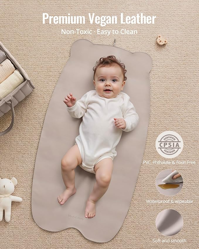 Blissful Diary Vegan Leather Portable Changing Pad, Wipeable & Waterproof Baby Change Mat in Diaper Bag, Travel Essential & Registry Gift, Taupe
