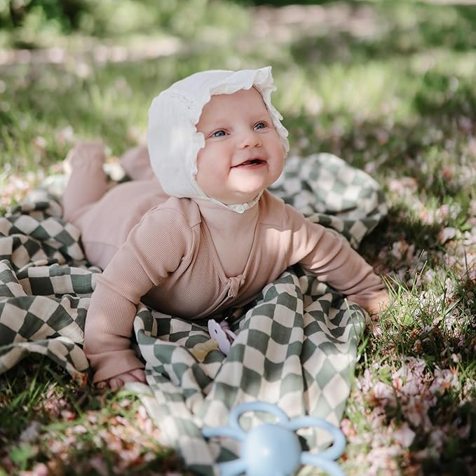 mushie Muslin Baby Swaddle Blanket | 100% Organic Cotton (Olive Check)