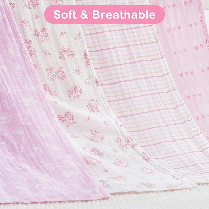 Viviland Muslin Swaddle Blankets, Swaddle Wrap for Boys and Girls, Breathable and Skin-Friendly Baby Receiving Blankets, Baby Essentials, 4-Pack Flowers & Heart, 47 x 47 inches