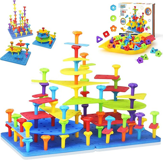 Ggiibro Peg Board Toy Set 101Pcs DIY Building Stacking Toys for Kids 3-6 Years Old,STEM Educational Kids Toy for Brain Development,Montessori Sensory Toys,Plastic Lacing String Game