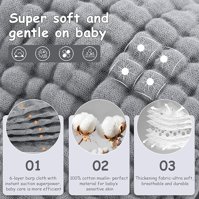 Looxii Muslin Burp Cloths 100% Cotton Muslin Cloths Large 20''x10'' Extra Soft and Absorbent 6 Pack Baby Burping Cloth for Boys and Girls (Grey)