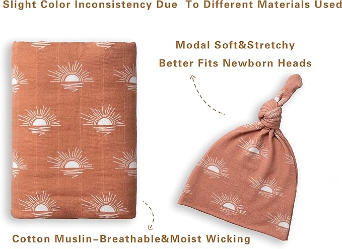 Miaoberry 100% Organic Cotton Baby Muslin Swaddle Blanket Set| Rust Boho Sunrays Sunset| Gender Neutral for Boys Girls|Hospital Newborn Receiving Blanket |Newborn Unisex