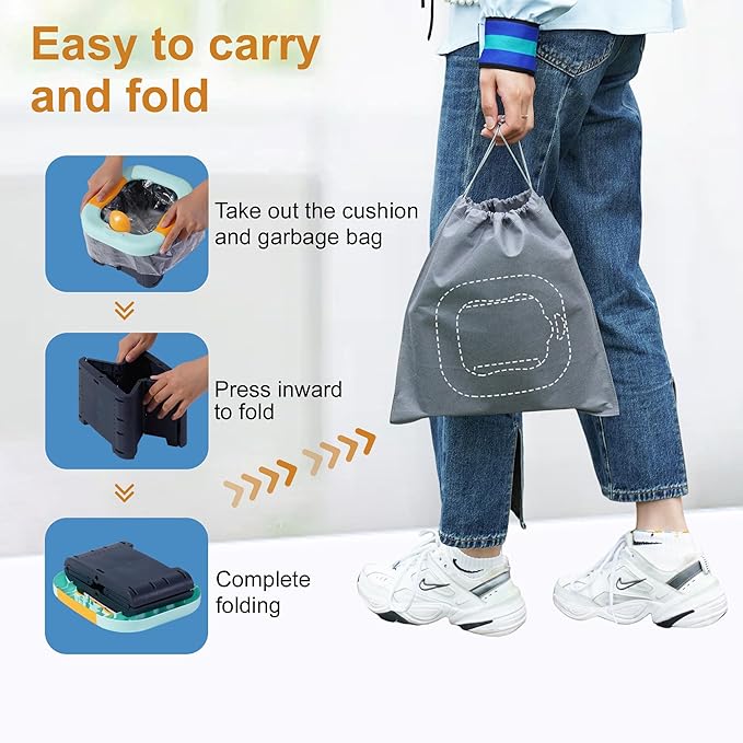 Toilet bowls for children，Portable Potty for Toddler Travel Foldable Travel Potty for Boys Girls Emergency Toilets for Car,Outdoor,Camping and Indoor Seat with Storage Bag（Quiet Blue）