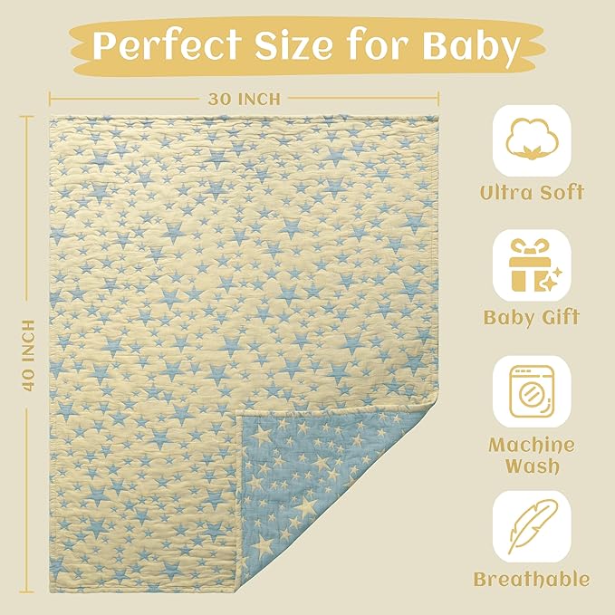NTBAY 3 Layer Toddler Blanket, Muslin Cotton Jacquard Bed Blankets, Lightweight Thermal Baby Blanket, Super Soft and Warm Crib Blanket for All Seasons, Decoration Gift, 30"x40", Blue and Yellow Star