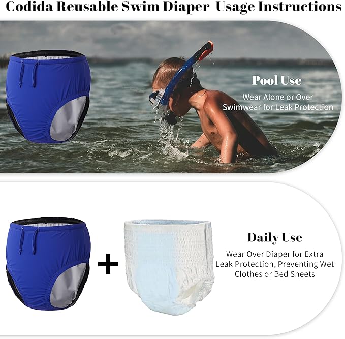 3T to Youth Reusable Swim Diaper Washable Incontinence Underwear for Special Needs Kids Waterproof Covers（Blue，5-6）