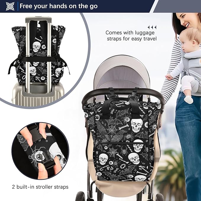 Emelivor Skull Spider Bones Diaper Bag Backpack Large Capacity with Insulated Pockets Baby Bag Diaper Bags for Boy Girl Travel Mom Women Men