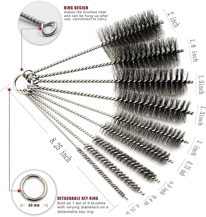 Pipe Cleaning Brush Set Stainless Steel Bristles, Stainless Steel Pipe Brush Steel Bottle Brush 9 Piece Variety Pack for Auto Parts, Bottles, Tubes, Etc.