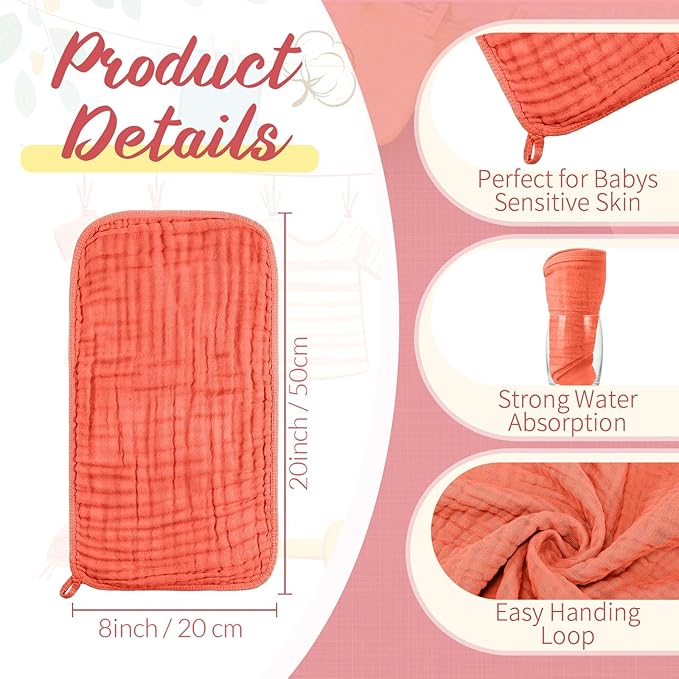 VitalCozy 6 Pcs Baby Muslin Hooded Bath Towels and Washcloths Muslin Cotton Hooded Baby Towels Absorbent Blankets for Gift Newborn Infant Shower (35 x 35 Inch,Cherry Red,Coral)