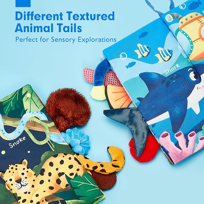 hahaland Baby Toys 0-6 Months - Crinkle Books for Babies 2PCS, Cloth Texture Tails Sensory Book 6-12 Months, Soft Tummy Time Toys 3 4 5 Month Newborn Infant Boys Gifts Christmas Baby Stocking Stuffers