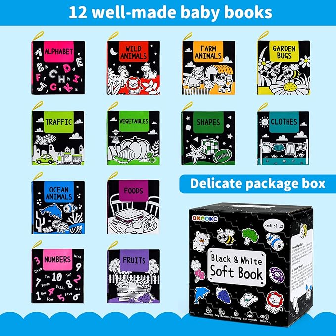 OKOOKO 12PCS Soft Baby Books Black and White High Contrast Soft Cloth Bath Books Crinkle Washable Non-Toxic Early Education Preschool Learning Toy for Newborns Babies Infants Toddlers Kids