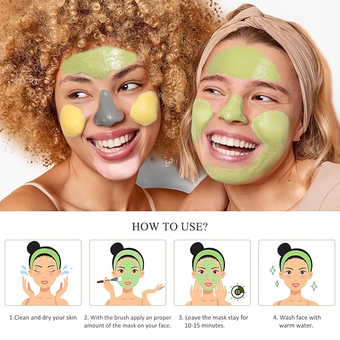 4 Pcs Clay Facial Mask Set - Turmeric, Vitamin C, Green Tea, Dead Sea Mud, and Rose Clay Skin Care Mask for Deep Cleansing, Moisturizing, and Refining Pores - 240g
