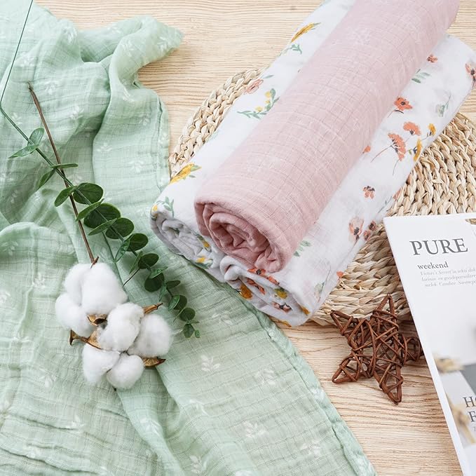 Softan Muslin Swaddle Blankets for Baby Girls & Boys Gift, Large 47X47 inches Receiving Blankets for Newborn, Infant Swaddle Wrap Blanket Set Soft Silky & Breathable, 4 Pack Green Floral