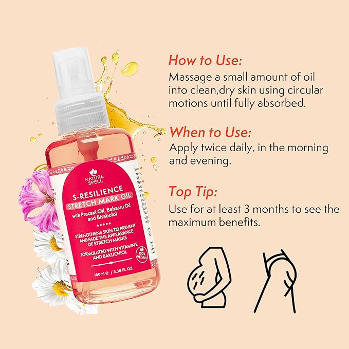 Nature Spell Stretch Mark Oil For Women, Vegan Body Oil for Stretch Marks, Scars & Uneven Skin Tone, 3.38 Fl Oz