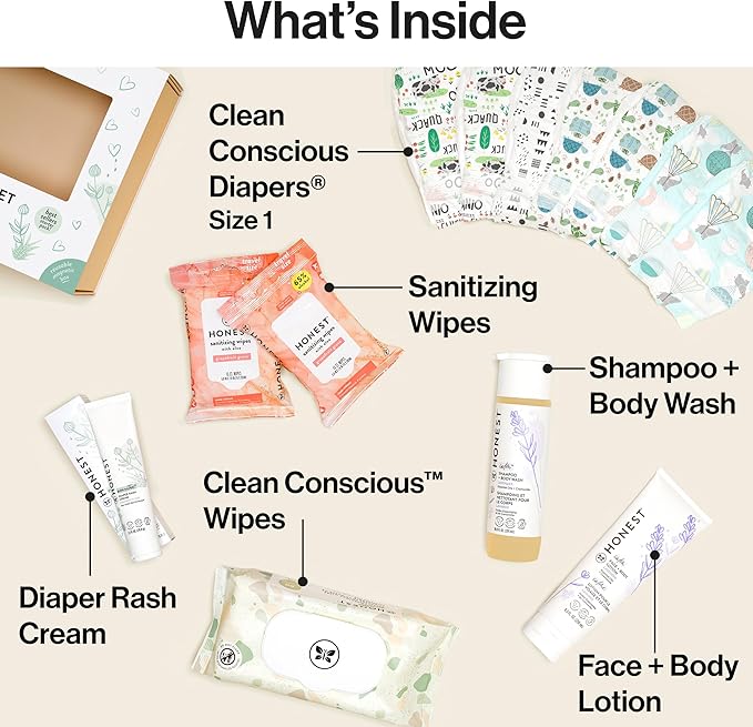 The Honest Company Baby Arrival Gift Set Newborn Essentials Welcome Box, Diapers Wipes Personal Care Diaper Rash Cream