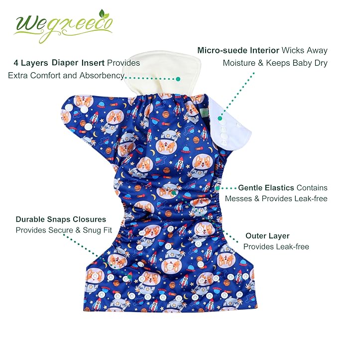 wegreeco Cloth Diapers 6 Pack with 6 Inserts & 1 Wet Bag, Washable Cloth Diapers for Babies, One Size Adjustable Reusable (Little Dogs)
