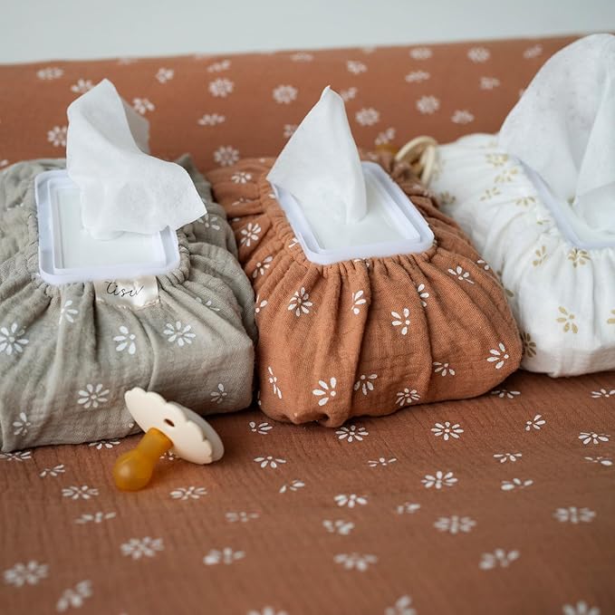 Baby Wipes Cover – Universal Size, One Size Fits All Wipes Packages | Muslin Cotton Tissue Cover for Nursery, Diaper Bag & Changing Table, Station | Gingham & Neutral Patterns (Cream Daisy)