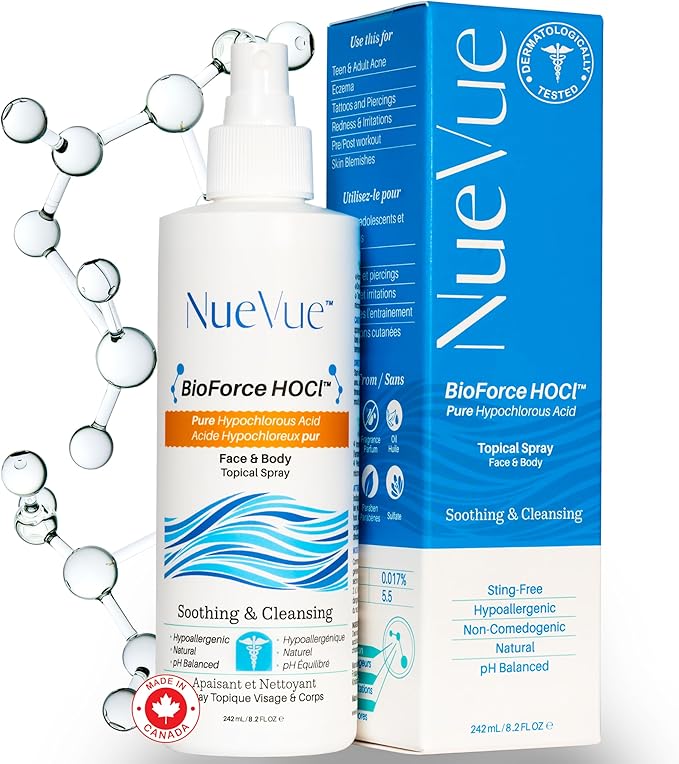 BioForce HOCl - Pure Hypochlorous Acid Spray for Face & Body - Acne-Prone Skin & Eczema, Piercing aftercare, Made in Canada, Gentle Skin Cleanser & Toner, pH Balanced, Non-comedogenic - NueVue (8.2oz)