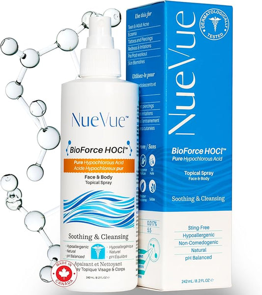 BioForce HOCl - Pure Hypochlorous Acid Spray for Face & Body - Acne-Prone Skin & Eczema, Piercing aftercare, Made in Canada, Gentle Skin Cleanser & Toner, pH Balanced, Non-comedogenic - NueVue (8.2oz)