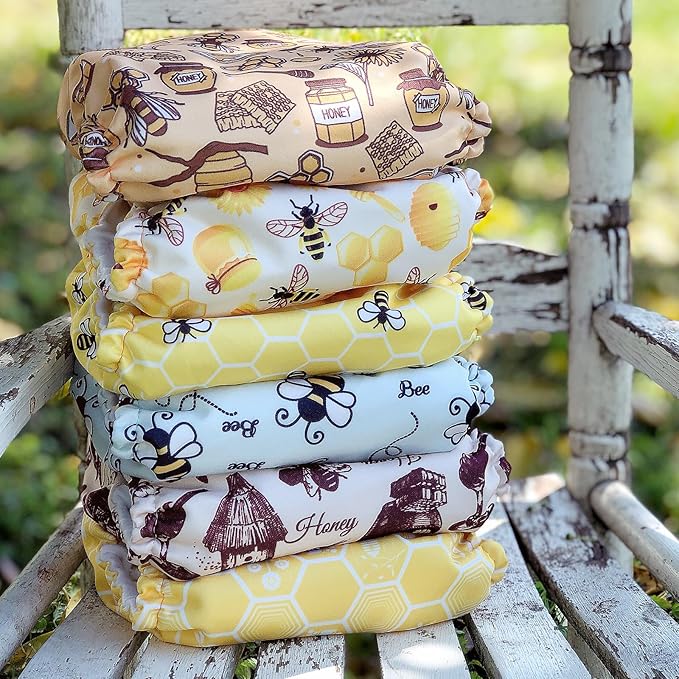 Mama Koala 3.0 Pocket Cloth Diapers for Babies with AWJ Lining, 6 Pack with 6 4-Layer Natural Cloth Diaper Inserts - Reusable and Washable Pocket Diapers(Hardworking Bees)