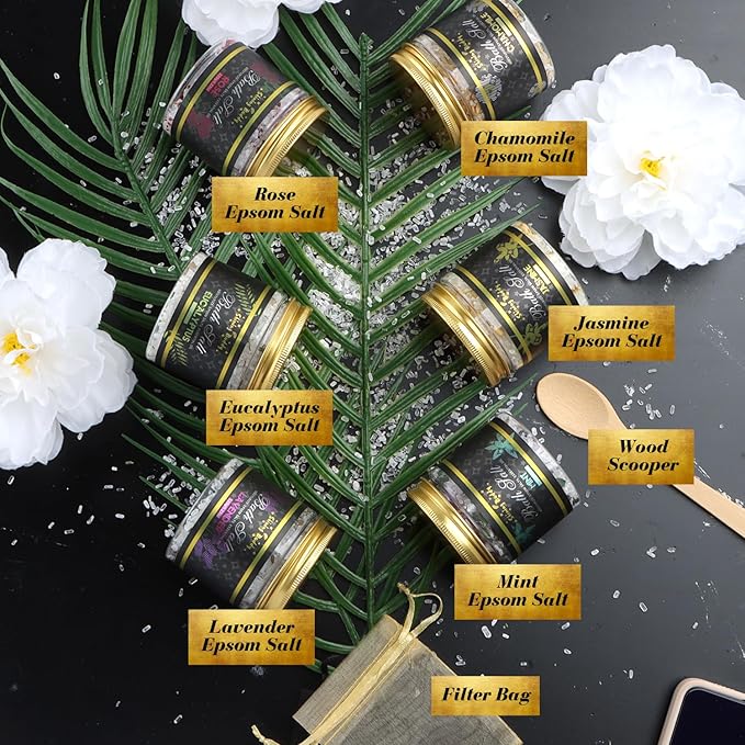 Epsom Bath Salts for Soaking Lavender, Eucalyptus & Rose Bath Salts for Women Relaxing,6pc Self Care Gift Set with Chamomile & Mint Spa Grade Muscle Relief,Natural Essential Oils,Sensitive Skin Safe