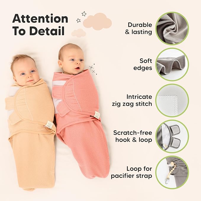 3-Pack Organic Swaddles for Newborns, Baby Sleep Sacks 0-3 Months - Baby Swaddle Wrap, Newborn Wearable Blanket, Infant Sleep Sack for Girls, Boys, Soft & Snug, Large Hook & Loop Closure (Salmon)