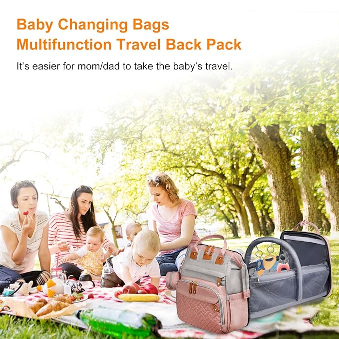 Baby Diaper Bags with Changing Station, Waterproof Diaper Bag Backpack for Moms Dads with USB Charging Port, Baby Shower Gifts, Large Capacity diaper backpack, Grey Pink