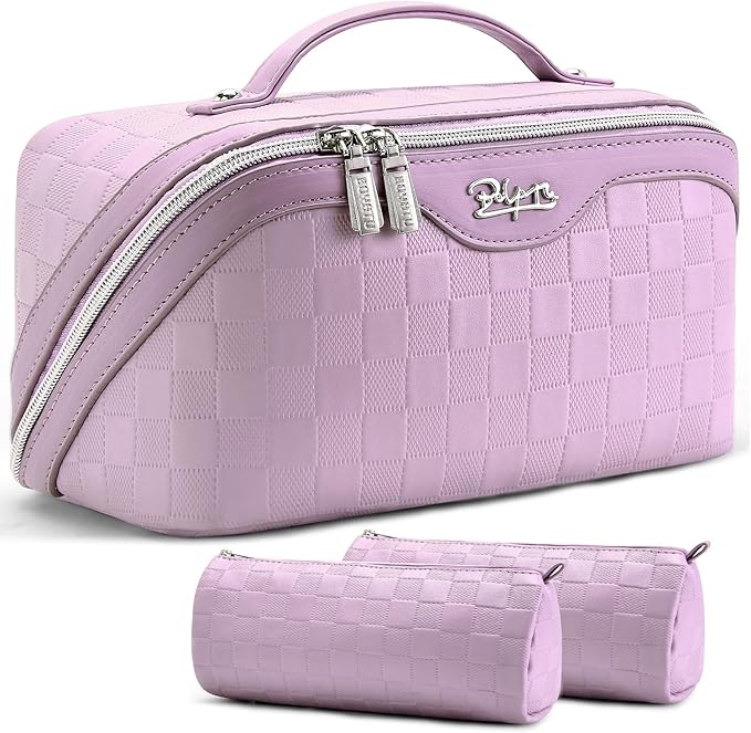 BOYATU Travel Makeup Bag Organizer Cosmetic Bag: 3 Pcs Set Make up Bags for Women with Handle - Waterproof Vegan Leather Toiletry Bags Travel Essentials Pouch with Compartments (G-14-Purple)