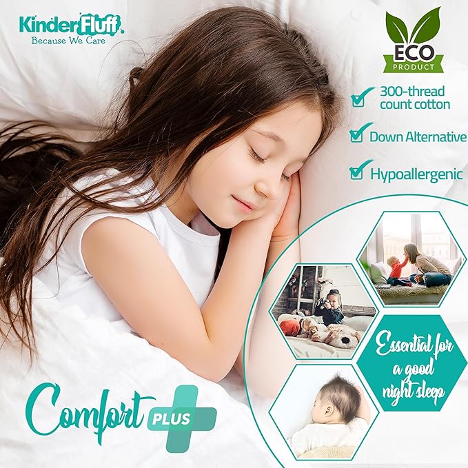 kinder Fluff Children Pillows for Bed (2X) 14x20in- The Only Kids Pillow 300T Cotton Shell & Down Alternative Fill - Travel Pillow for Children Bedding Set Sleeping Pillow Floor Bed Pillows- White- M